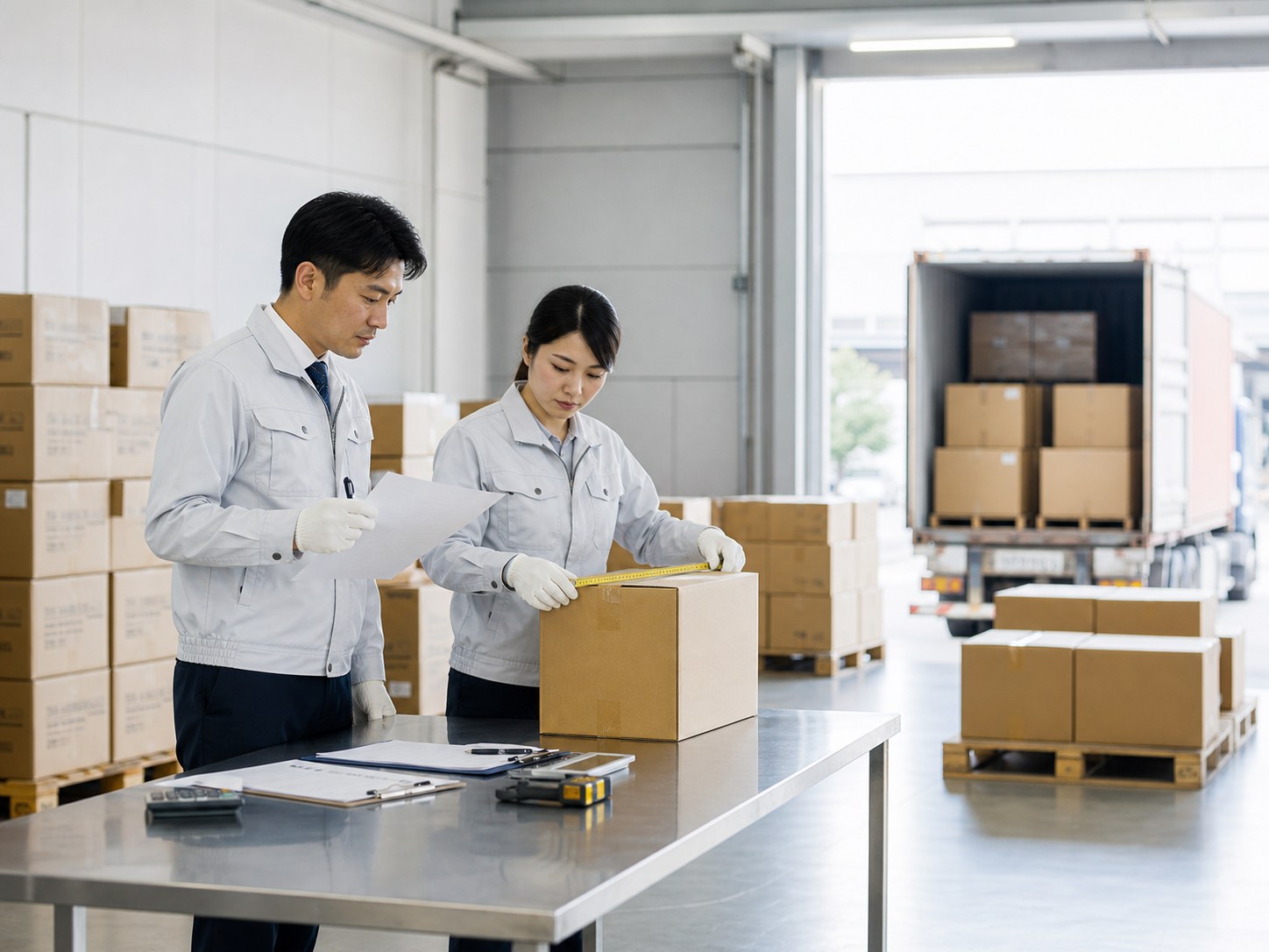 Japanese sourcing team inspecting export cartons in a clean warehouse